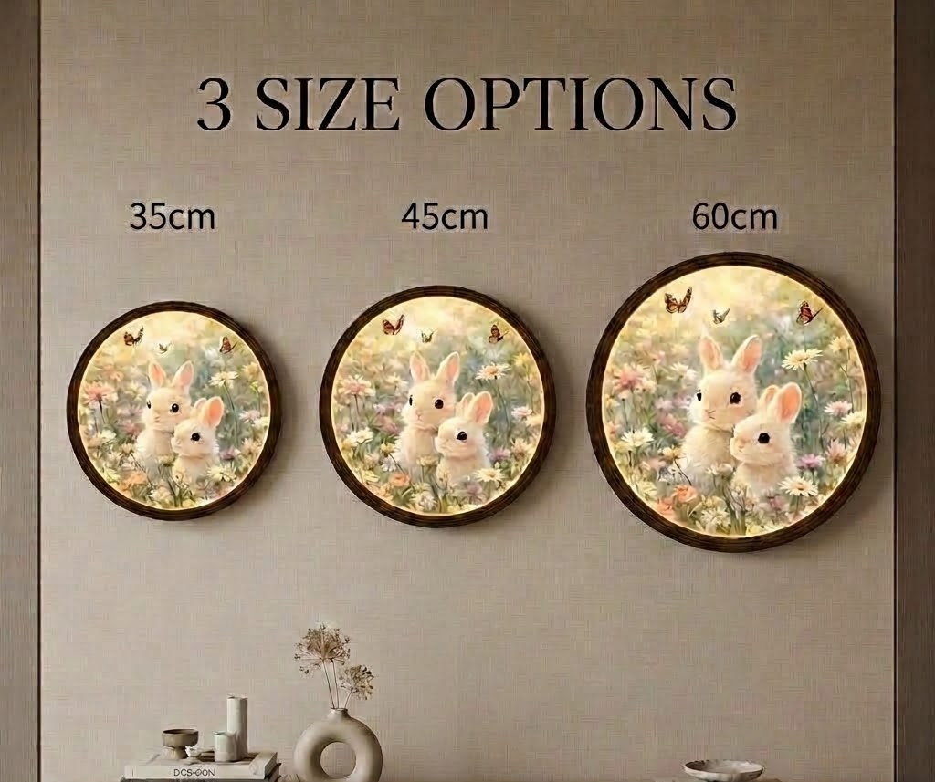 Illuminated Bunny Meadow Wall Art – LED Round Wall Decor