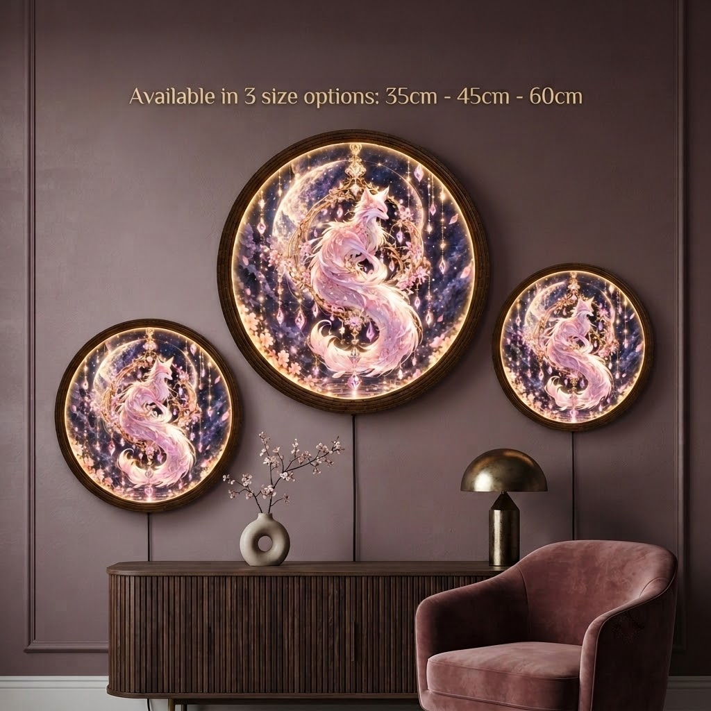 Mystical Pink Fox LED Wall Lamp, Round Fantasy Wall Art Light with Wooden Frame, Celestial Home Decor