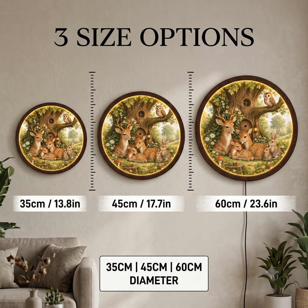 Enchanted Woodland Deer Family LED Wall Art – Round Illuminated Nature Decor