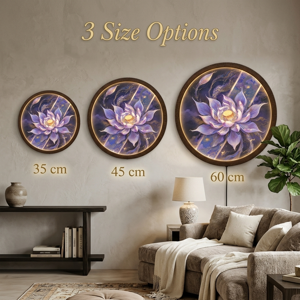 Purple Lotus LED Wall Art - Illuminated Round Floral Light Painting for Living Room & Sacred Space