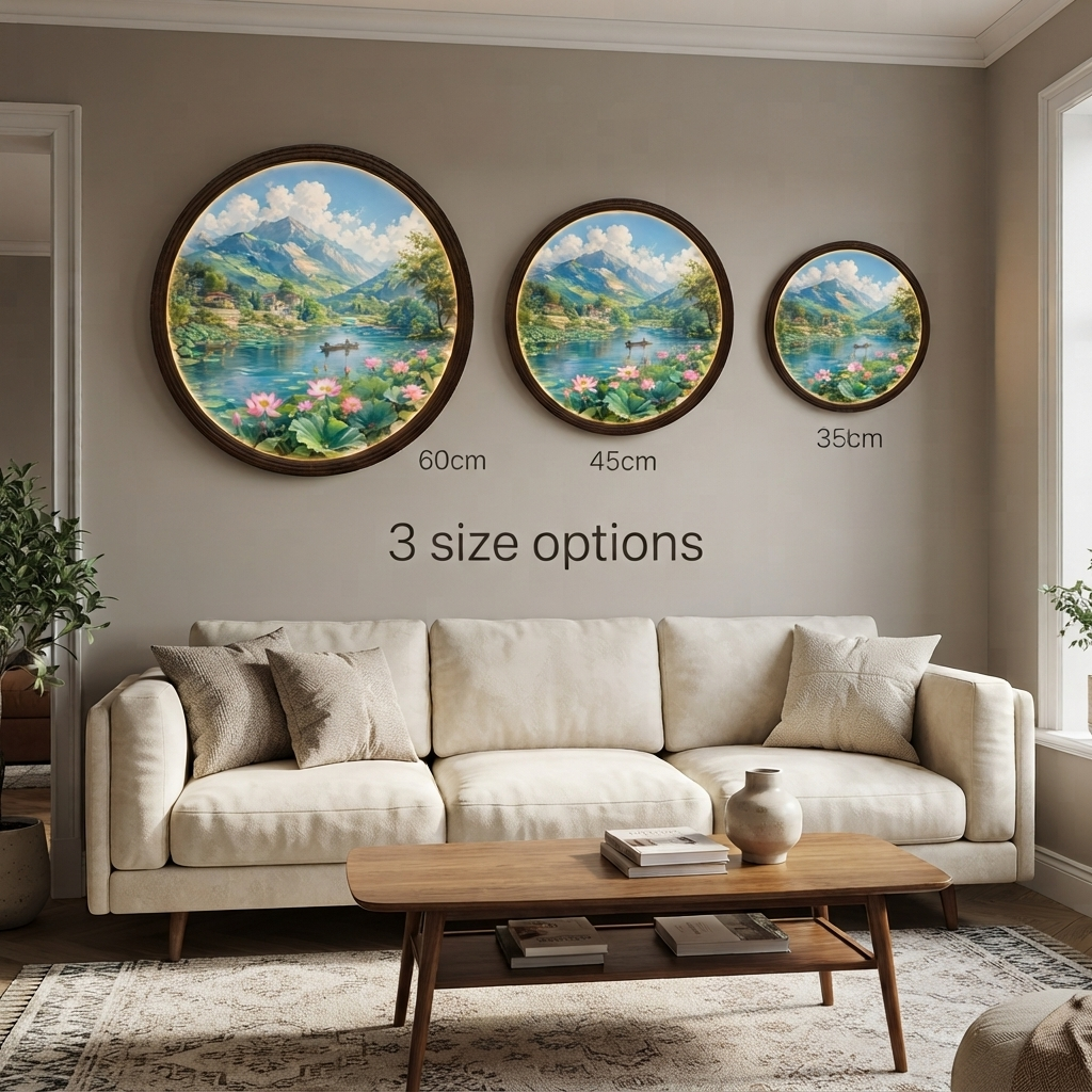 Round LED Wall Art with Mountain & Lotus Landscape – Illuminated Home Decor