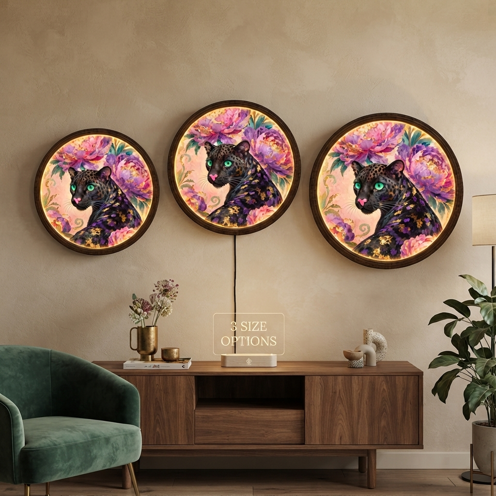 Glowing Golden Leopard LED Wall Art – Round Floral Animal Wall Lamp, Modern Home Decor