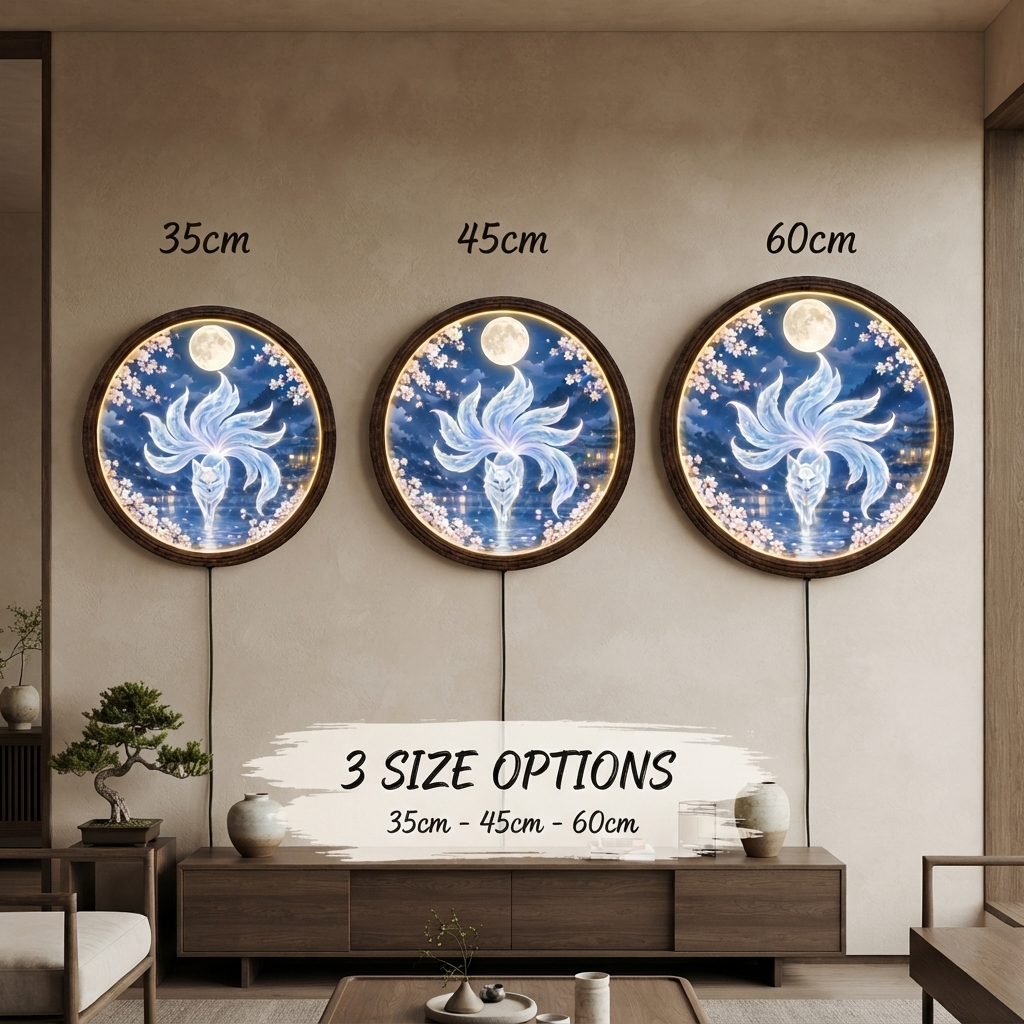 Mystical Nine-Tailed Fox LED Wall Lamp, Moonlit Fantasy Round Wall Art with Wooden Frame, Blue Celestial Home Decor