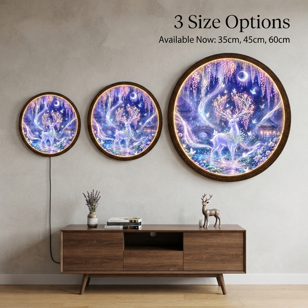 Magical Moonlit Deer LED Wall Lamp, Round Wooden Frame Fantasy Wall Art
