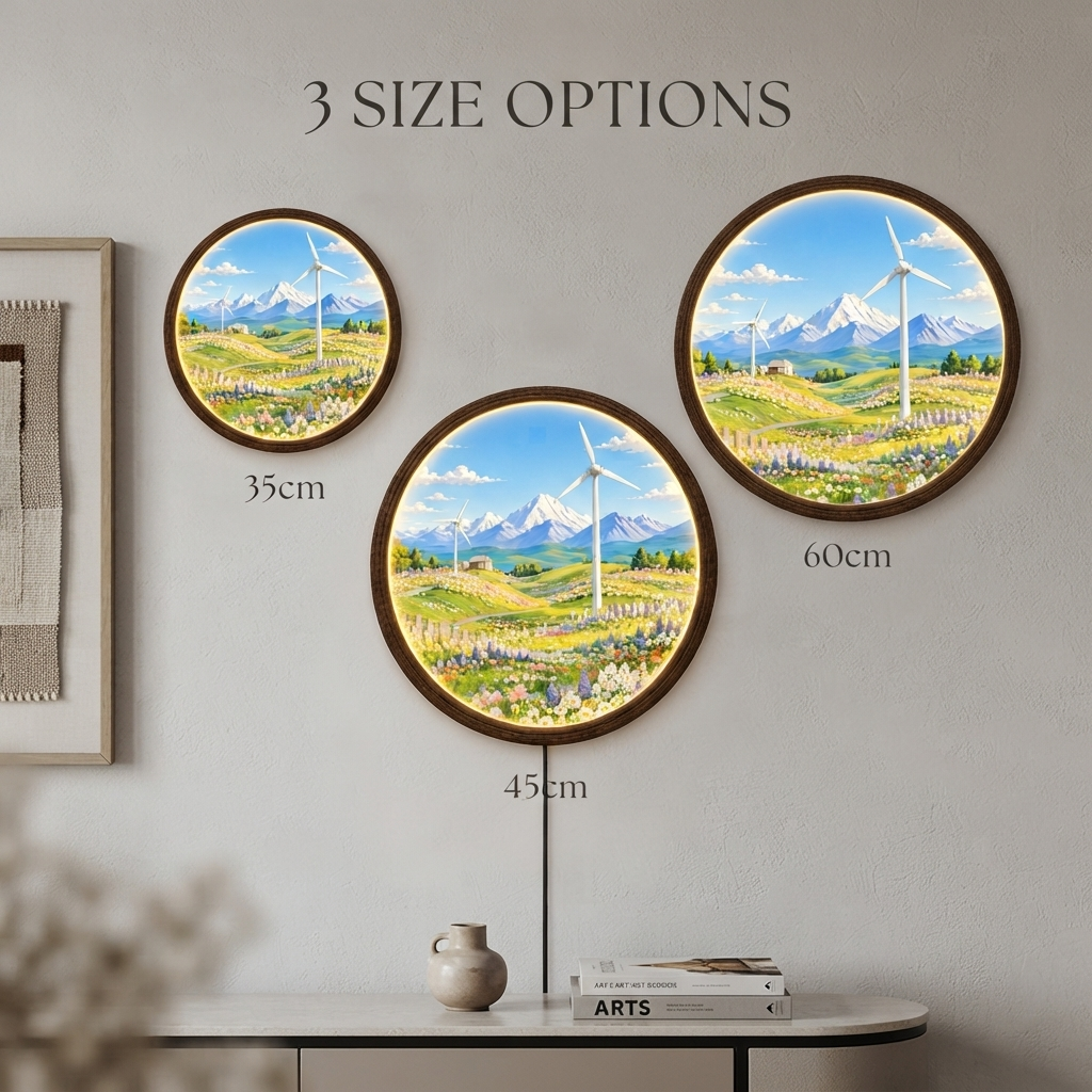 Illuminated Mountain Landscape Round Wall Art – LED Lighted Rustic Home Decor