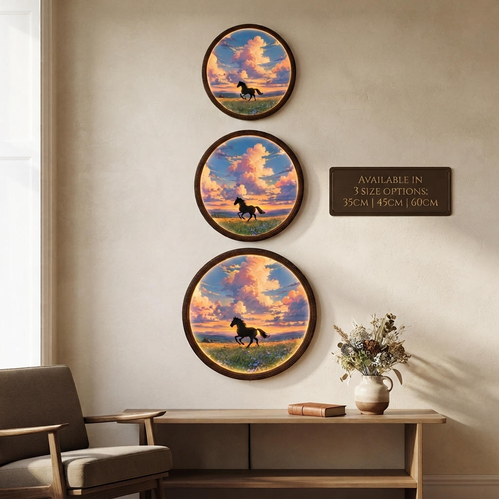 Backlit Horse Sunset Wall Art – Illuminated Round LED Wall Decor