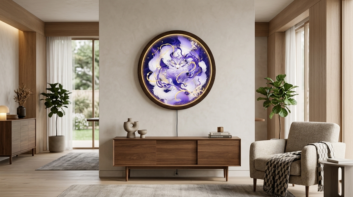 Japanese Nine-Tailed Kitsune Fox LED Wall Art Light – Glowing Mystical Round Wall Decor