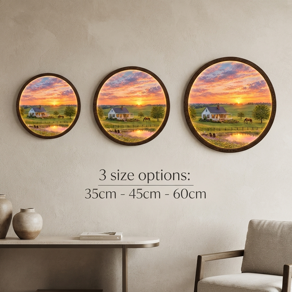 Sunset Countryside LED Wall Art – Rustic Farmhouse Landscape Round Wall Decor