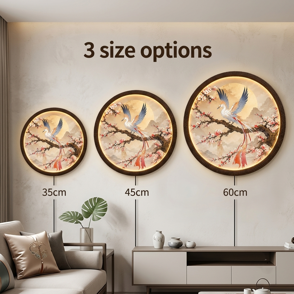 Luminous Phoenix & Cherry Blossom LED Round Wall Art – Oriental Illuminated Home Decor