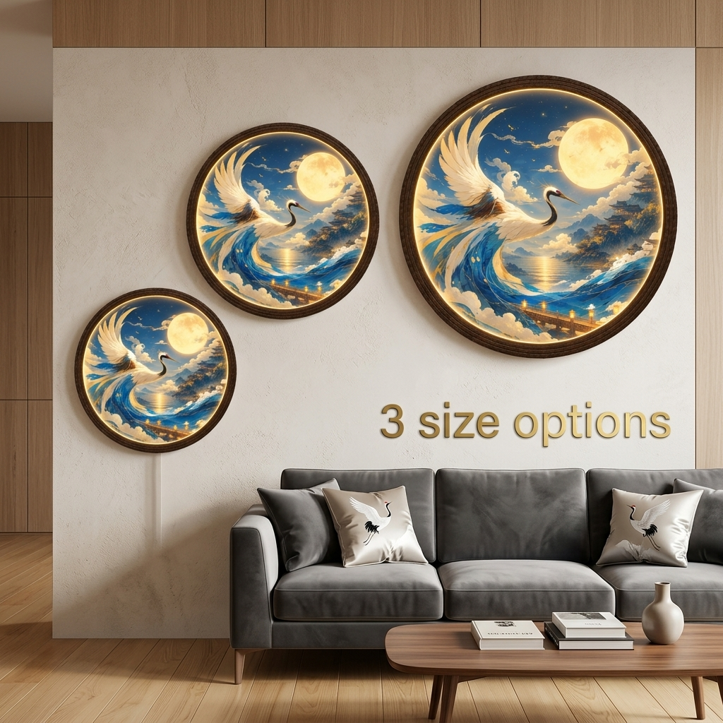 Japanese Crane Under Full Moon LED Wall Art – Illuminated Round Wooden Frame Light Box Decorative Sign