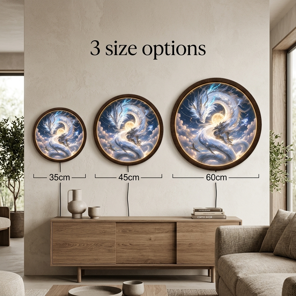 Illuminated Celestial Dragon Round LED Wall Art – Wooden Frame, Fantasy Home Decor