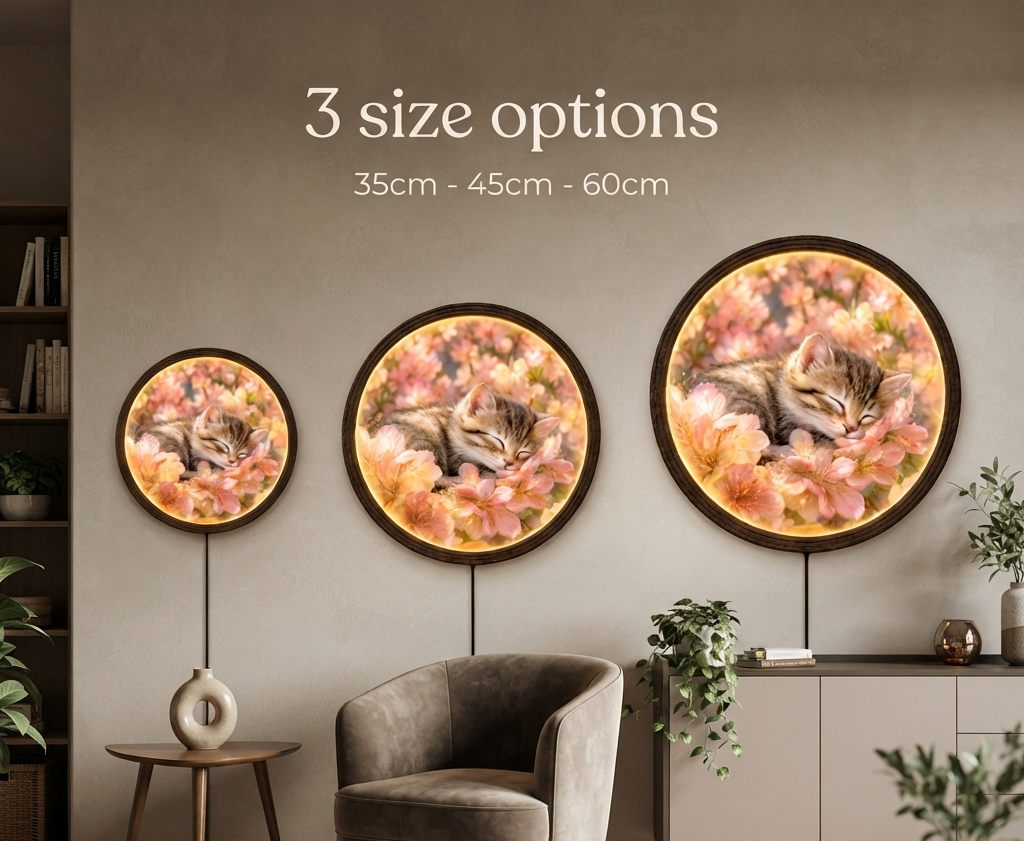 Sleeping Cat Cherry Blossom LED Wall Art – Round Illuminated Home Decor