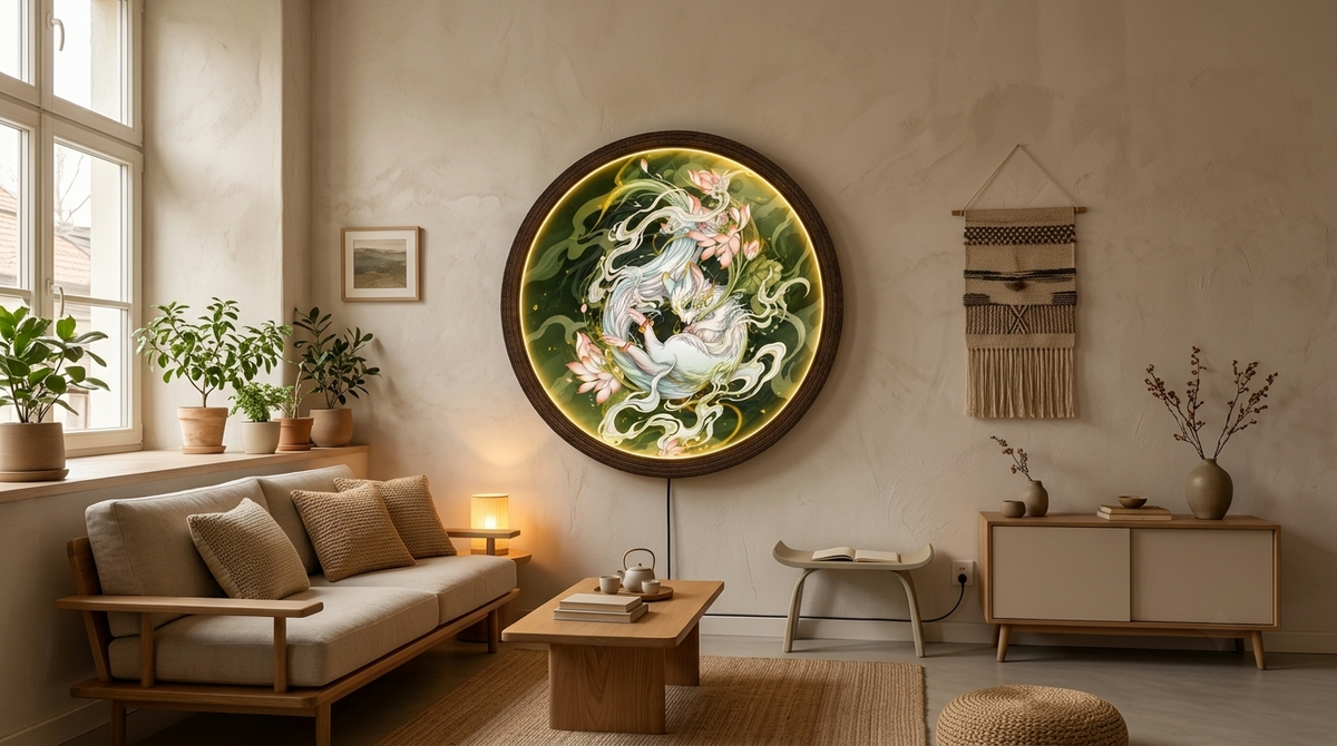 Illuminated Japanese Kitsune Nine-Tailed Fox & Lotus LED Round Wall Art | Mystical Light-Up Home Decor
