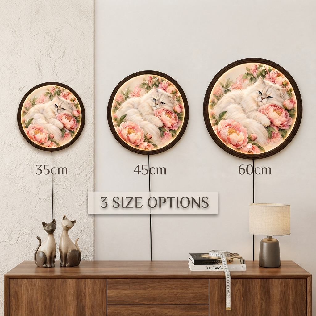 Persian Cat & Peony LED Round Wall Art – Illuminated Floral Home Decor