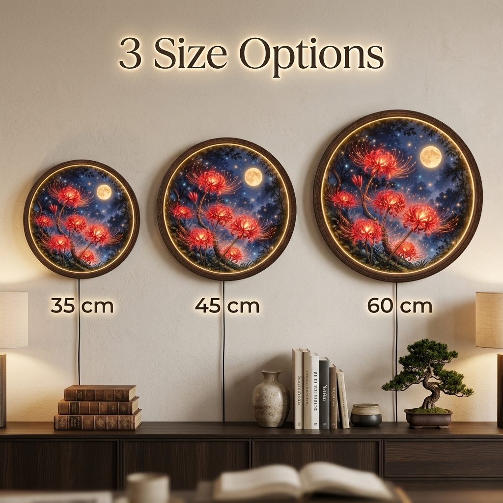 Round LED Wall Art with Red Spider Lilies and Moon – Japanese-Inspired Illuminated Wall Decor
