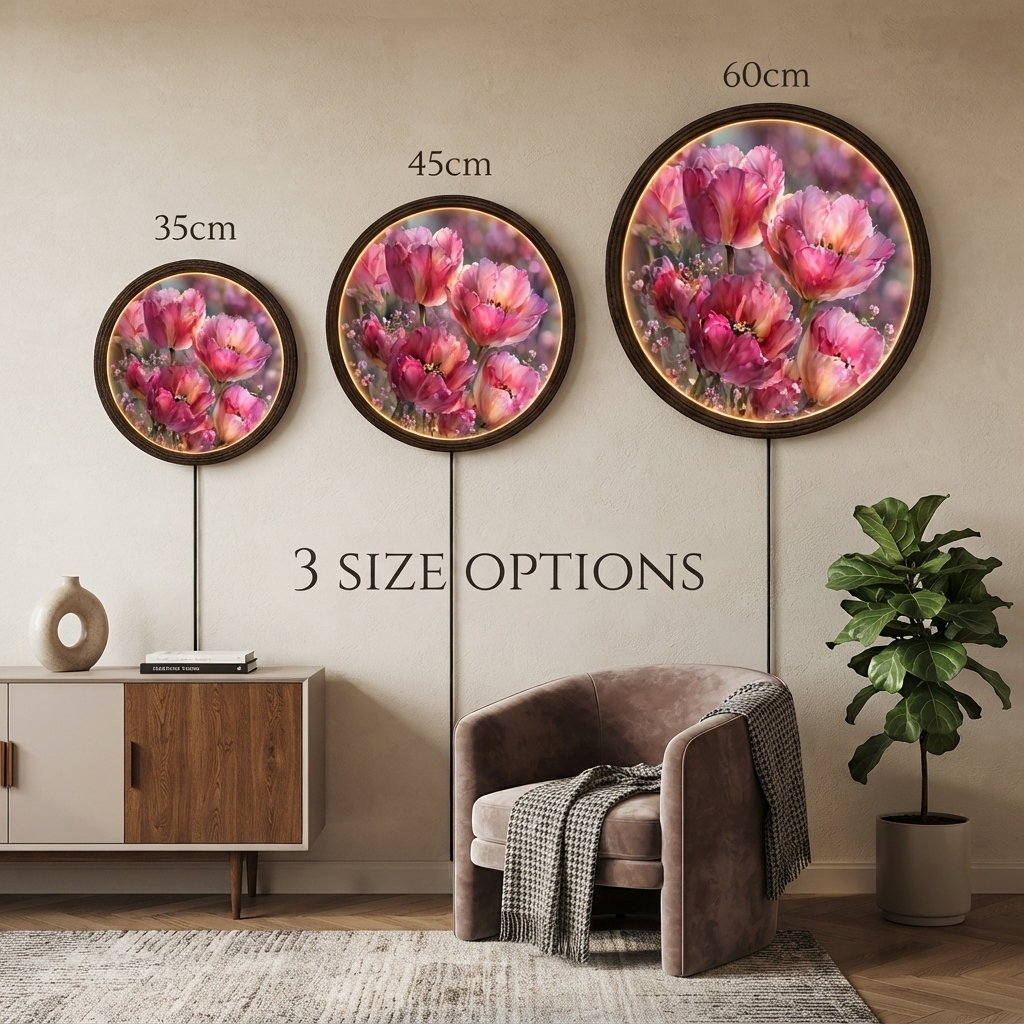 Round LED Floral Wall Art, Pink Tulip Illuminated Wall Decor