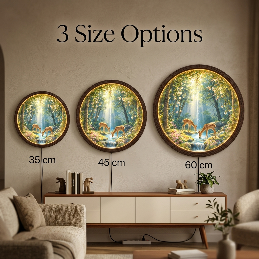 Enchanted Forest Deer LED Wall Art – Round Illuminated Nature Home Decor