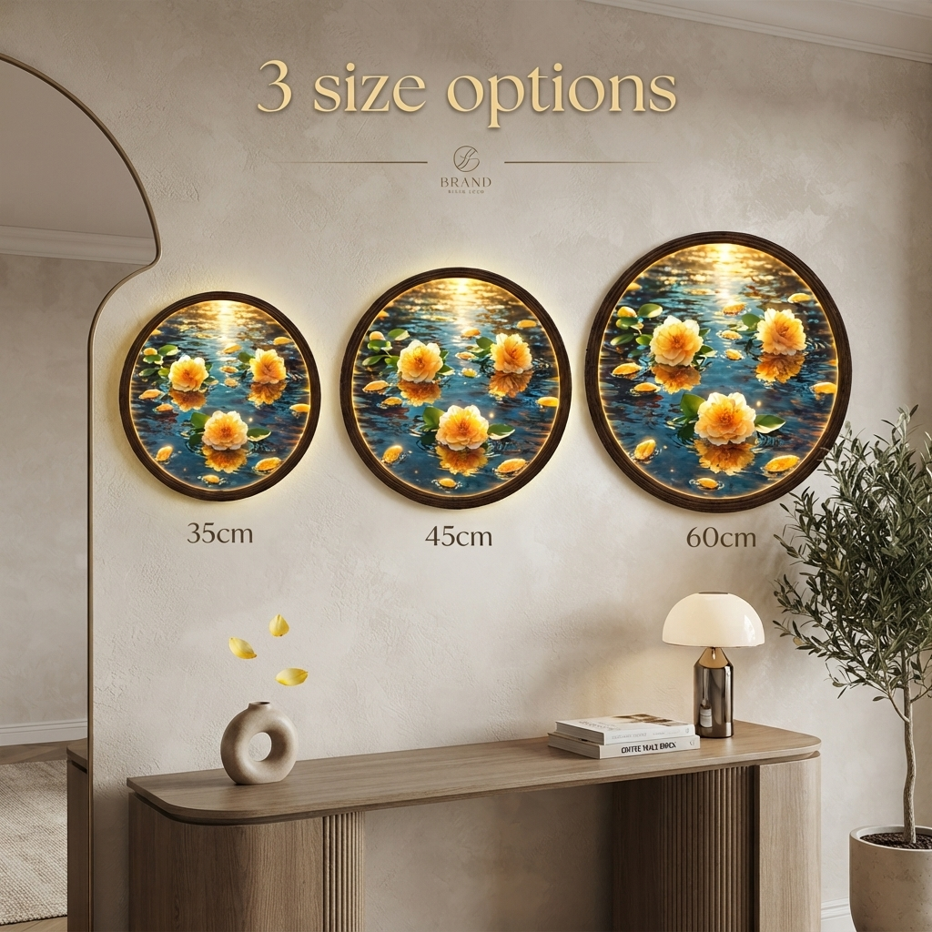 Luminous Lotus Water LED Wall Art Lamp – Round Wooden Frame Home Decor