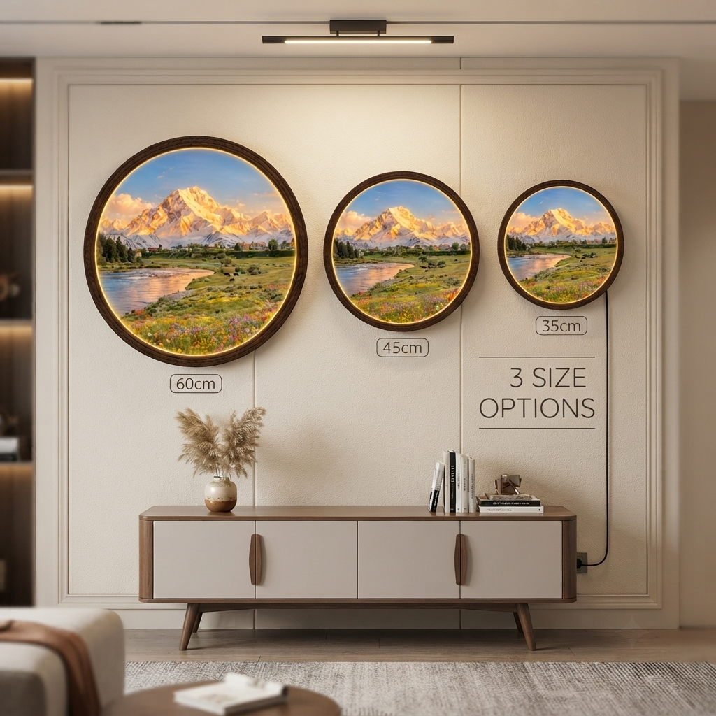 Mountain Landscape LED Wall Art – Round Illuminated Scenic Home Decor