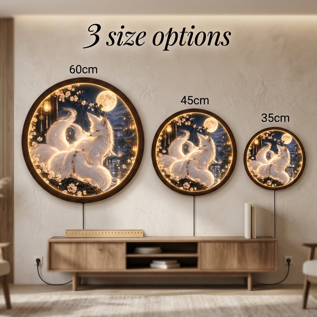 Moonlit Kitsune LED Wall Art – Illuminated Japanese Fox Wall Decor