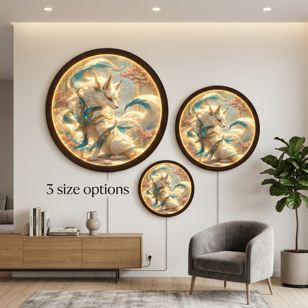Mythical White Fox LED Wall Art – Illuminated Round Acrylic Light Painting Wall Decor