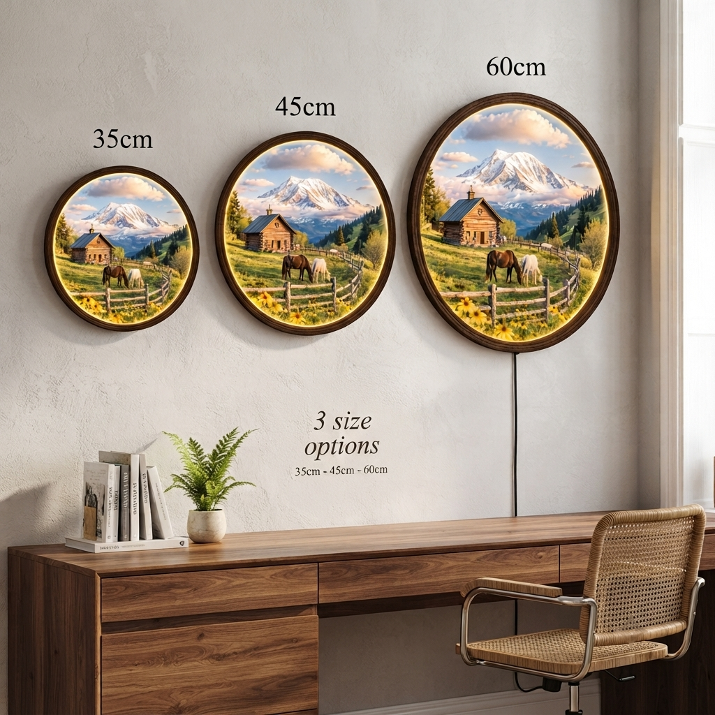 Rustic Mountain Cabin LED Wall Art – Round Illuminated Landscape Home Decor