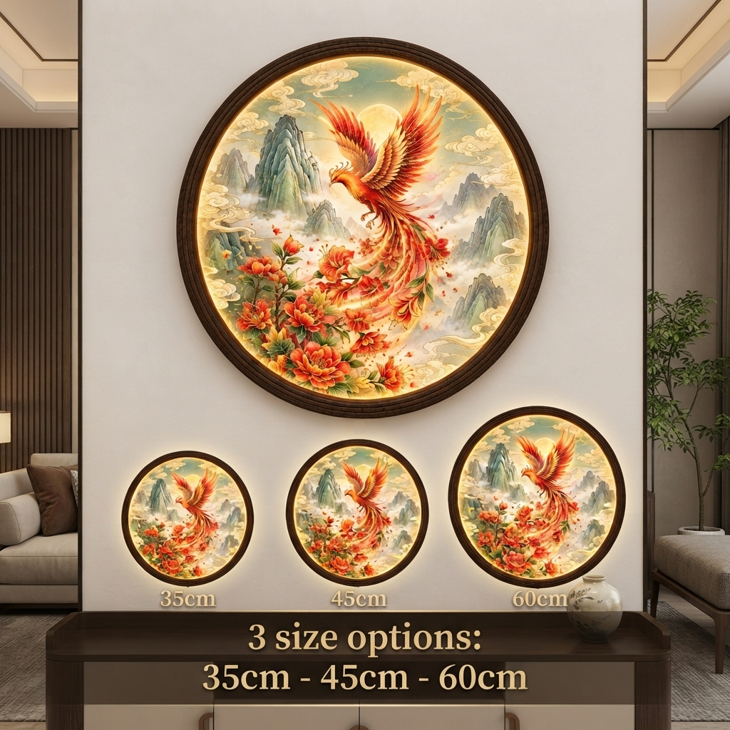 Illuminated Phoenix Wall Art – Round LED Mountain Decor