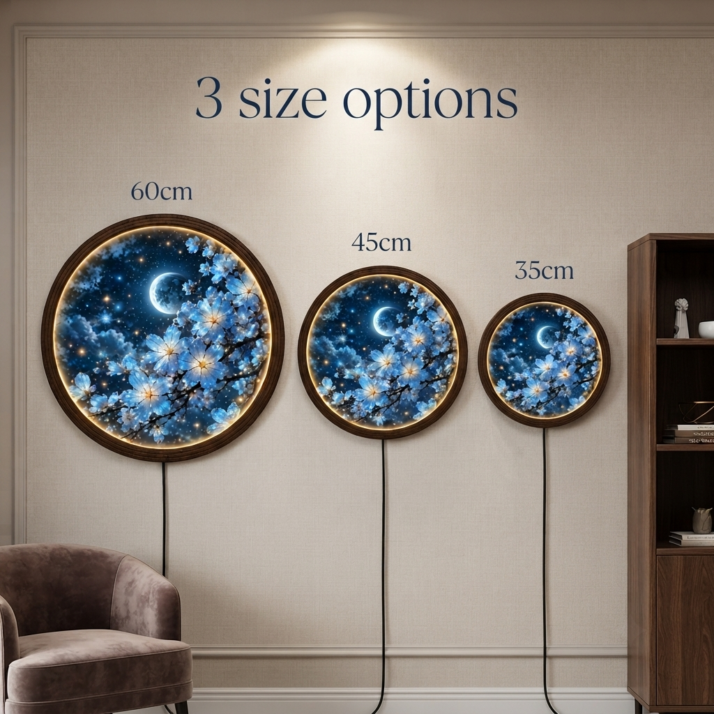 Moonlit Blue Blossom LED Round Wall Art – Illuminated Floral Home Decor
