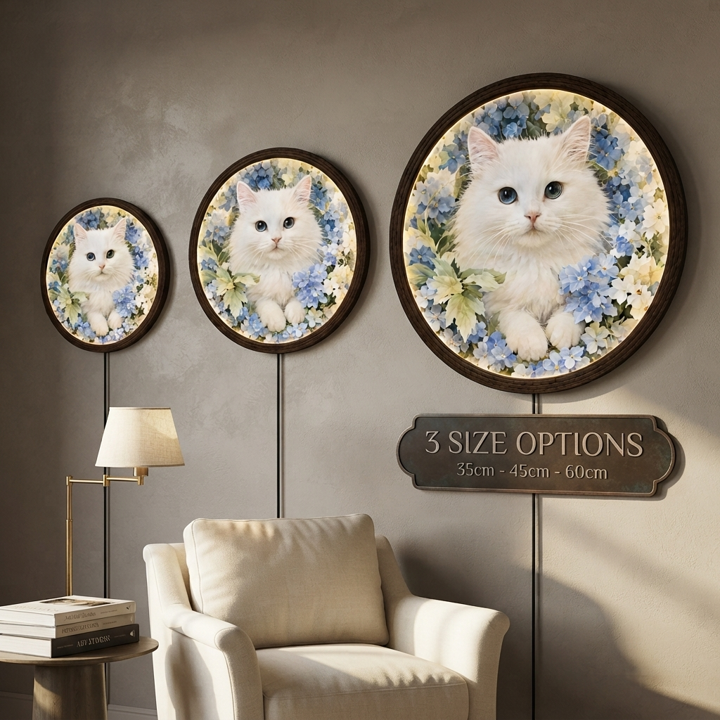 White Cat LED Round Wall Art – Blue Floral Illuminated Home Decor