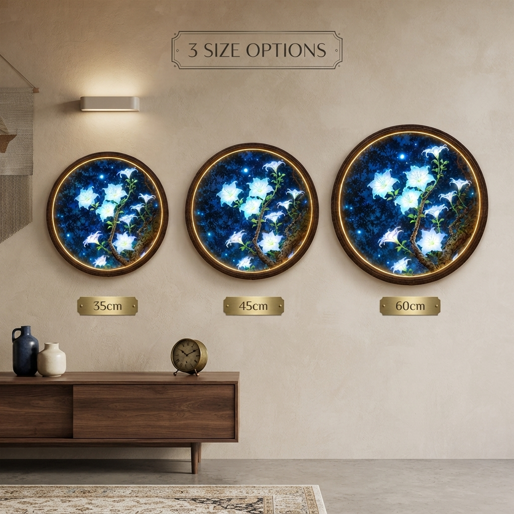 Luminous Moonlit Blossom LED Round Wall Art – Botanical Lighted Wall Decor