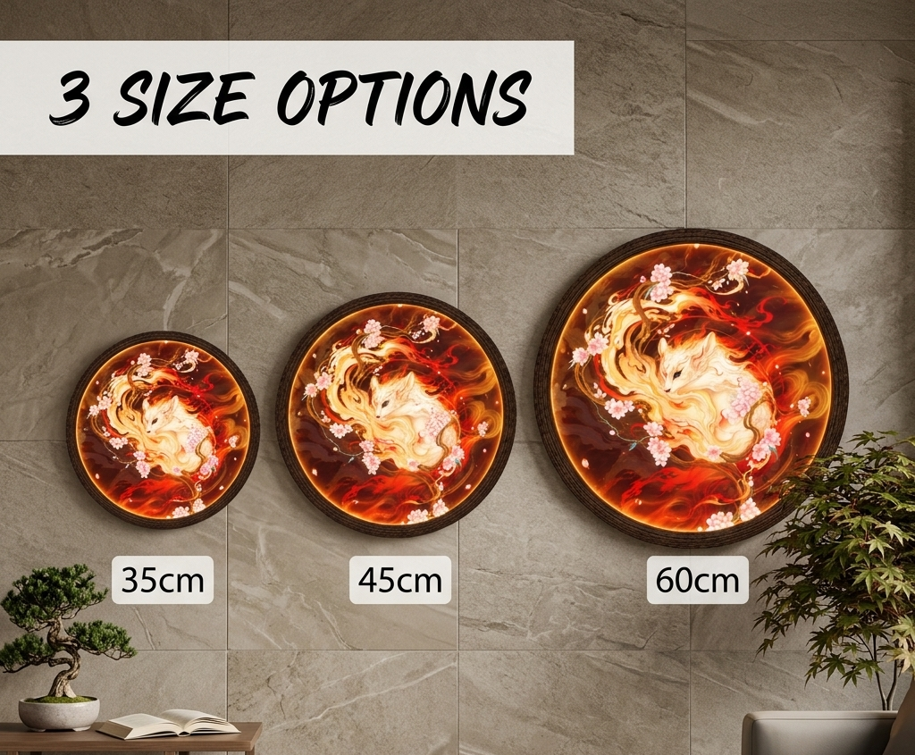 Glowing Nine-Tailed Fox LED Wall Art Light – Japanese Kitsune & Cherry Blossom Illuminated Round Frame