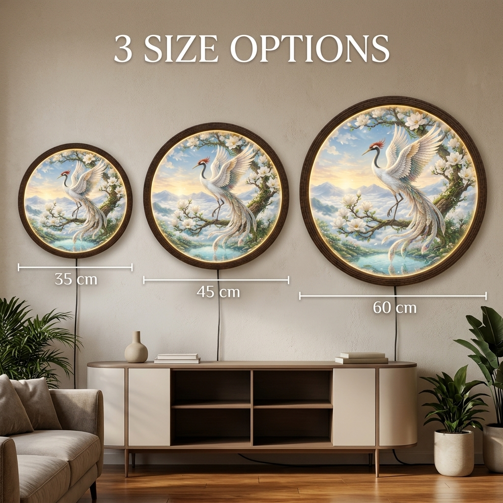 Round LED Crane Wall Art – Japanese-Inspired Floral Illuminated Wall Decor