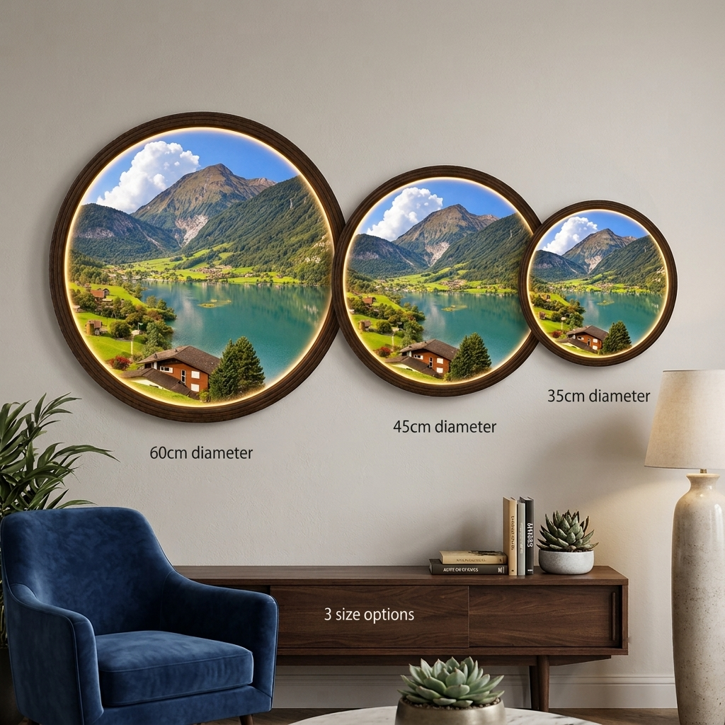 Round Mountain Lake LED Wall Art – Illuminated Landscape Wall Decor