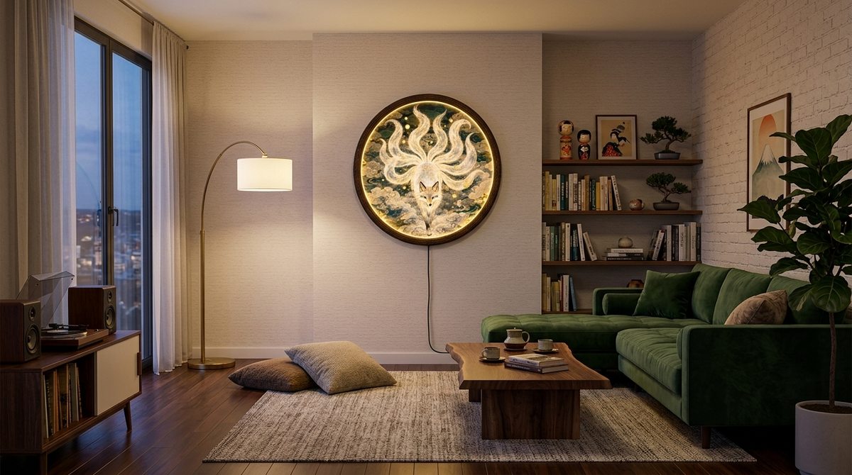 Mythical Nine-Tailed Kitsune Fox LED Illuminated Wall Art - Round Asian Inspired Glowing Wall Decor