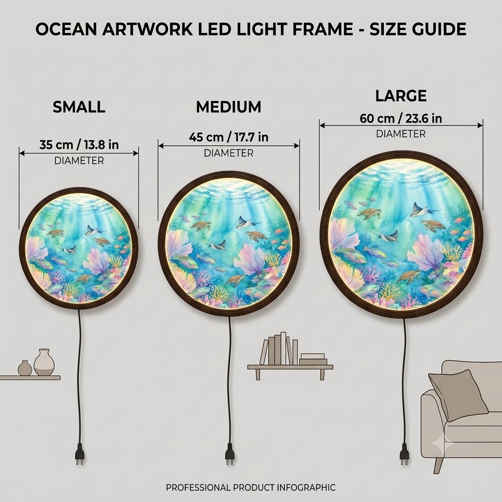 Ocean Reef LED Wall Art – Round Underwater Coral & Sea Turtle Wall Decor
