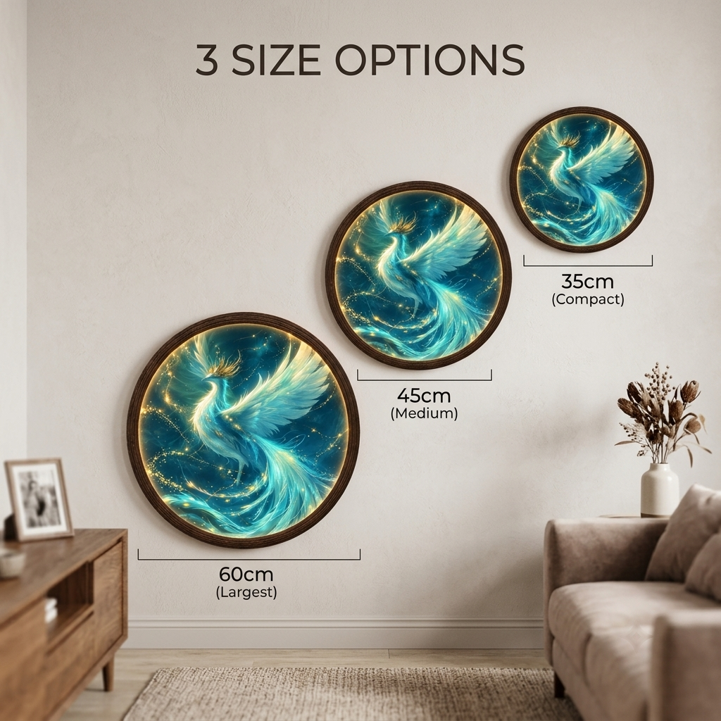 Glowing Phoenix LED Round Wall Art – Turquoise Fantasy Wall Light