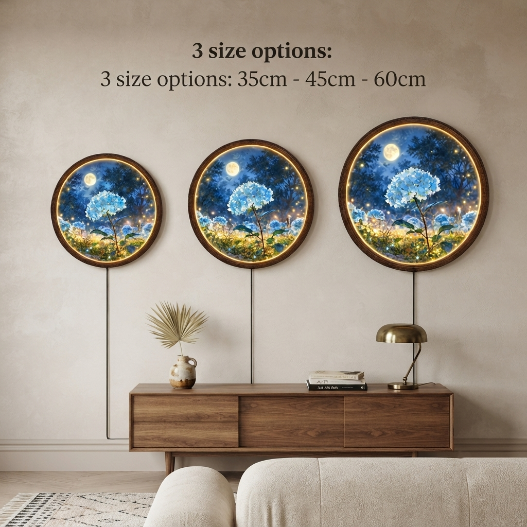 Illuminated Round Floral Wall Art with LED Light – Wooden Frame Home Decor