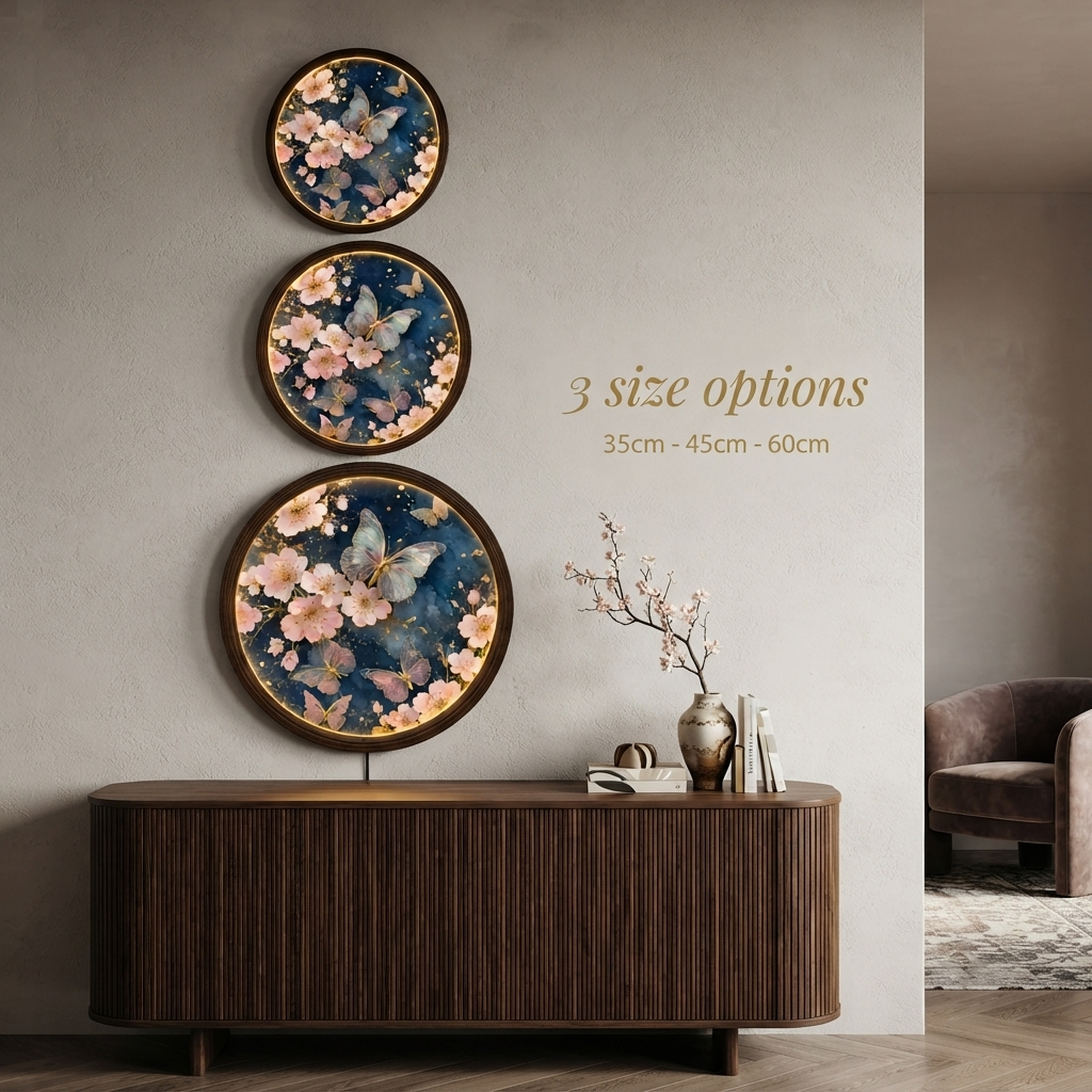 Round Butterfly & Cherry Blossom LED Wall Art – Illuminated Floral Wall Decor