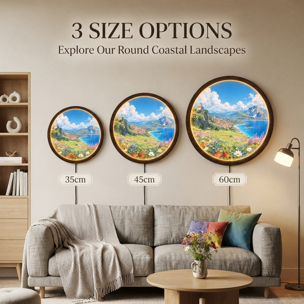Coastal Village Illuminated Round Wall Art – LED Lighted Landscape Wall Decor