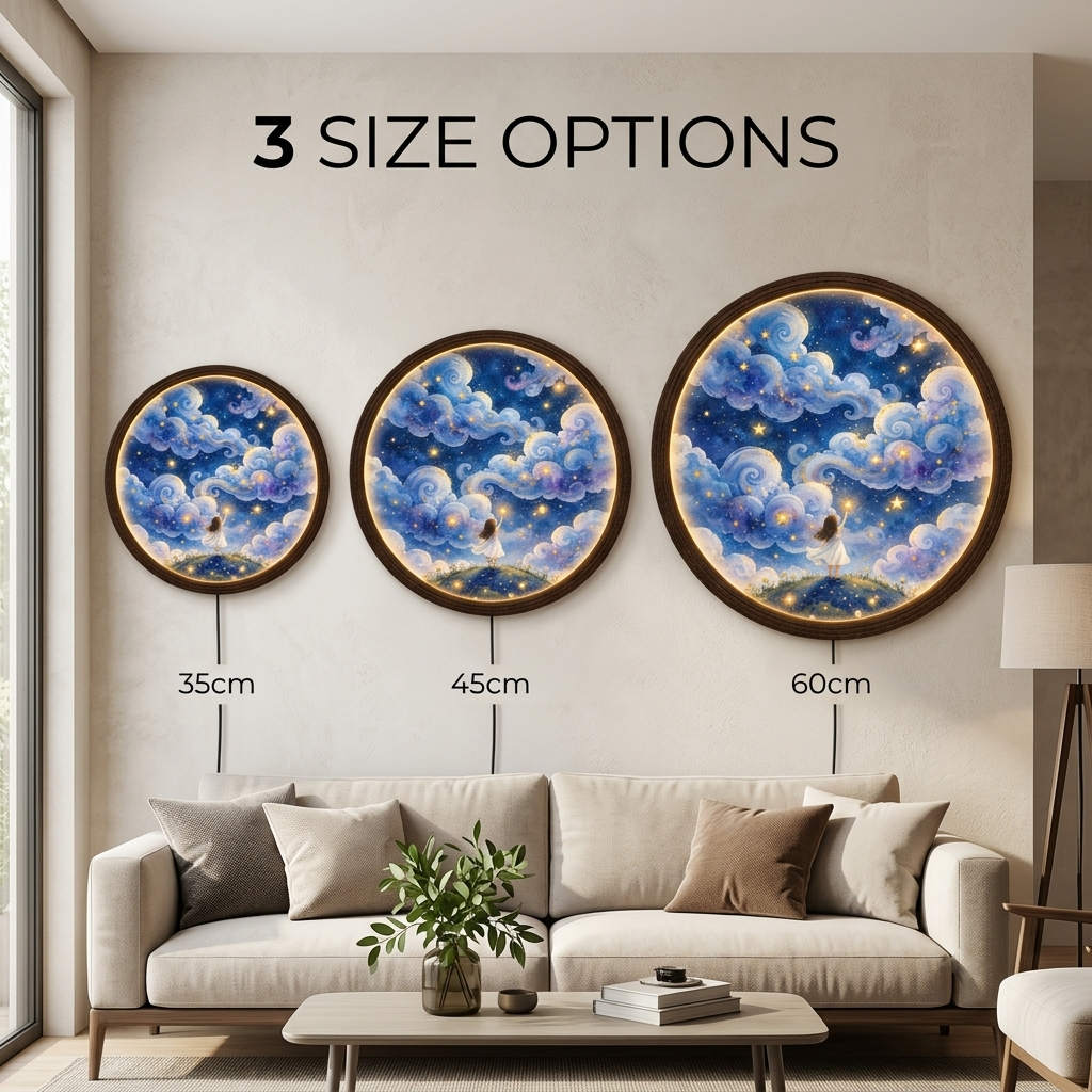 Glowing Starry Sky LED Wall Lamp, Round Celestial Wall Art with Wooden Frame, Dreamy Blue Cloud & Golden Star Home Decor