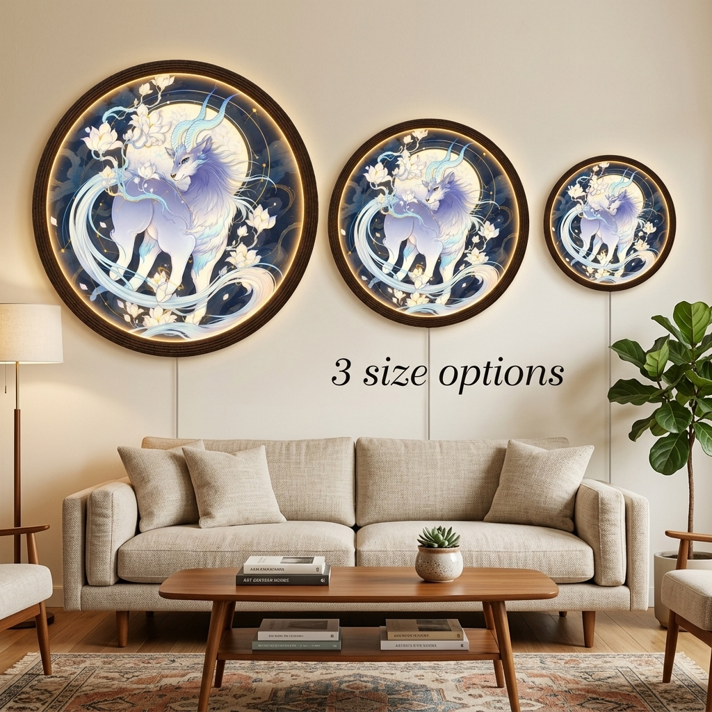 Celestial Qilin LED Light Up Wall Art - Illuminated Round Mythological Creature Decor with Acrylic Face & Wooden Frame