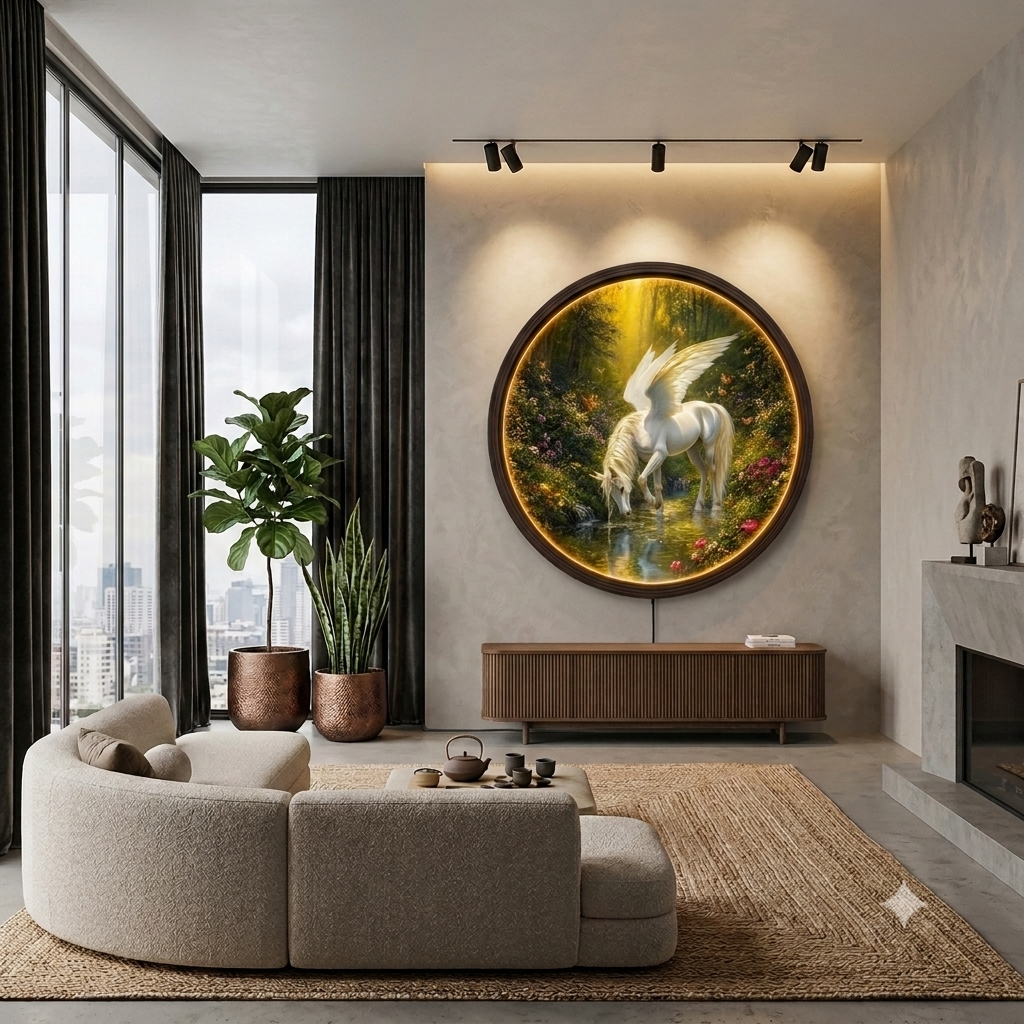 Illuminated Majestic Pegasus Round LED Canvas Wall Art – Enchanted Forest Light Up Picture