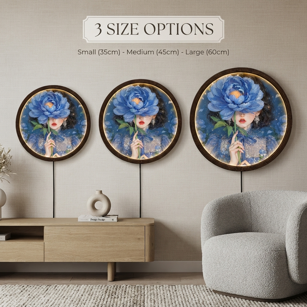 Blue Flower Portrait LED Wall Art – Round Illuminated Floral Home Decor
