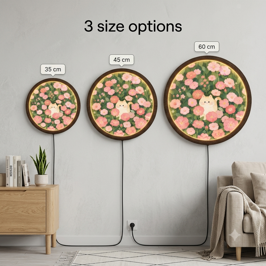 Floral Cat LED Wall Art – Round Illuminated Wall Decor, Pink Flower & Cat Home Accent