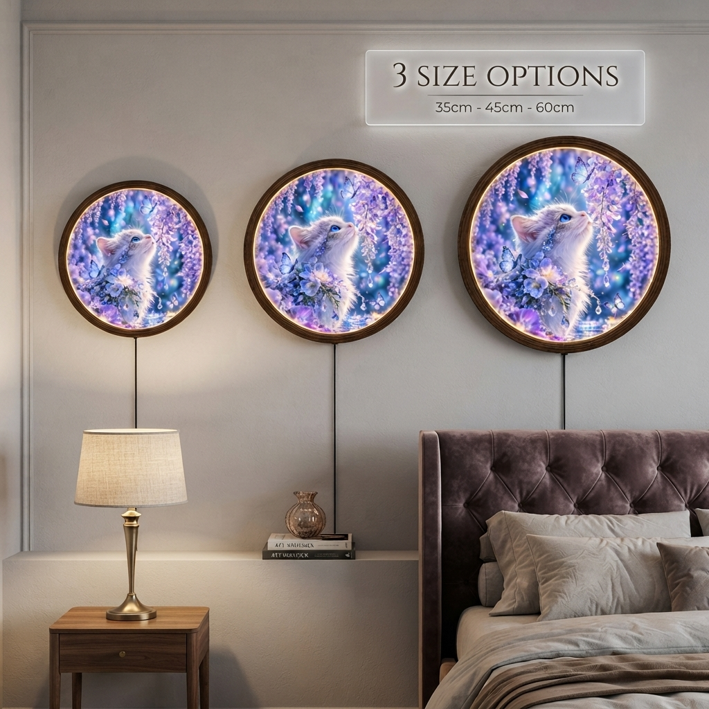 Illuminated Cat Wall Art – Round LED Lighted Wall Decor with Wooden Frame