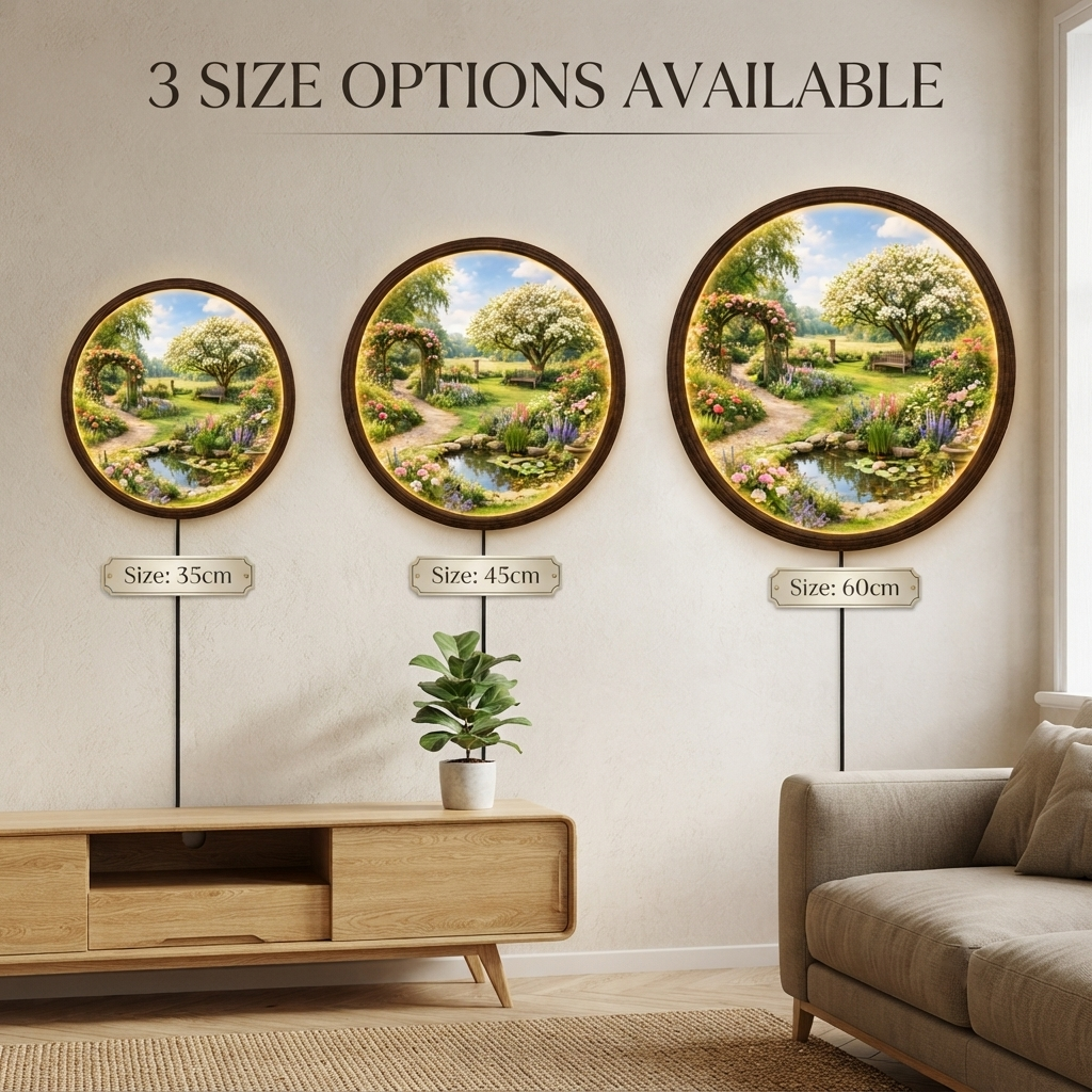 Round Garden LED Wall Art Light – Illuminated Floral Landscape Home Decor