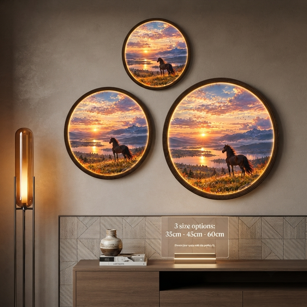 Illuminated Horse Sunset Landscape Round Wall Art – LED Lighted Rustic Home Decor