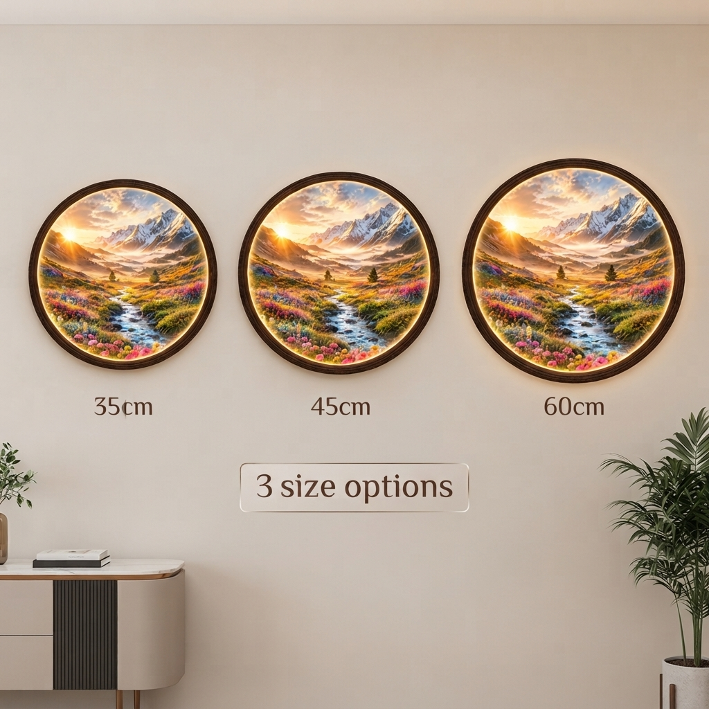 Illuminated Mountain Landscape Round Wall Art – LED Lighted Nature Wall Decor