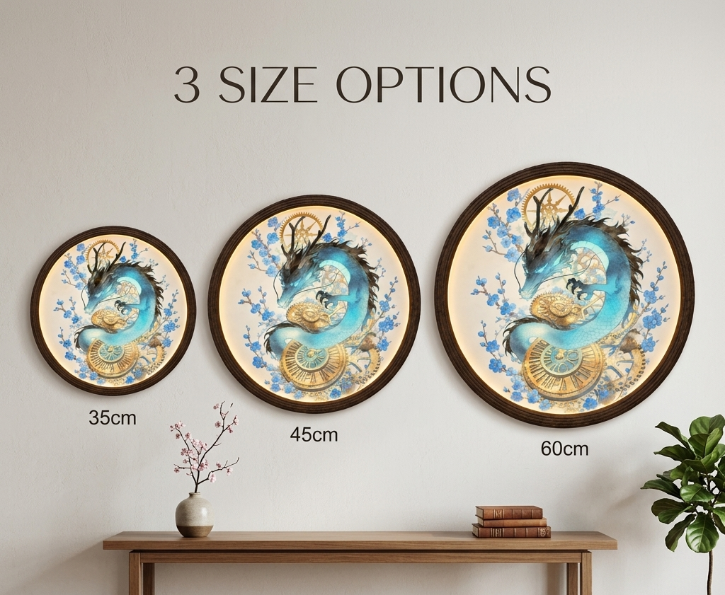 Blue Dragon LED Wall Light, Steampunk Gear Round Wall Art, Japanese Cherry Blossom Wall Decor, Modern Fantasy Home Lighting