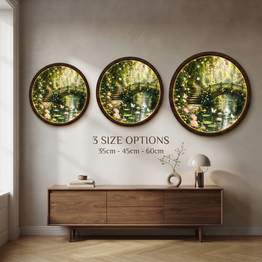 Illuminated Garden Bridge Round Wall Art – LED Lighted Nature Wall Decor
